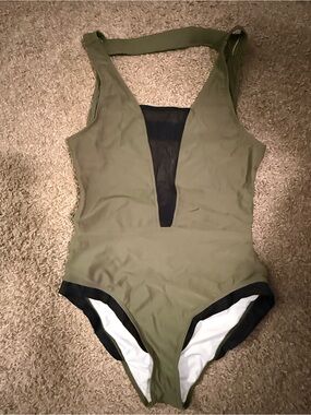 Cupshe Olive Green One-Piece Swimsuit with Black Mesh Plunge